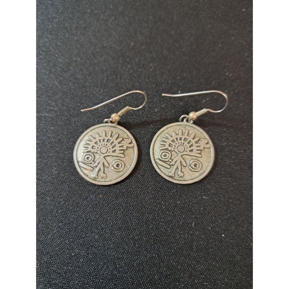 Vintage Tribal Design Drop Dangle Earrings Signed Ashter